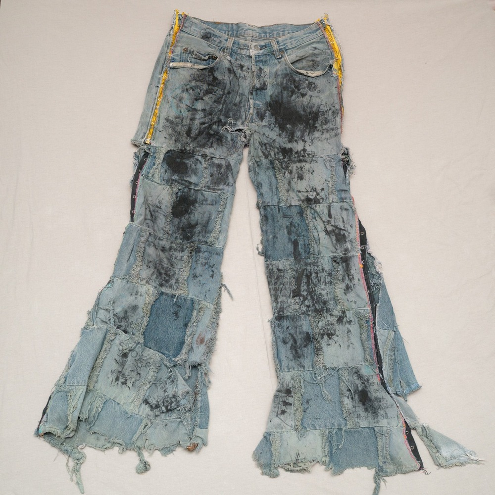 Vintage 80s 90s Crust Punk Custom Thrashed Levis Patchwork Tear Off Flare Denim